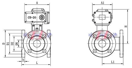 Q944/45電動三通球閥 外形連接尺寸圖 