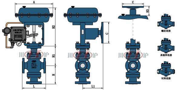 ZJSF(H)氣動(dòng)薄膜三通調(diào)節閥 外形尺寸圖
